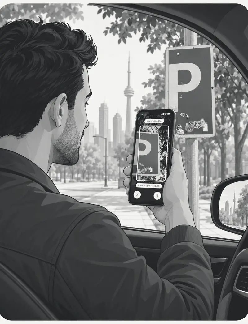 A driver scans a parking sign with the phone camera.