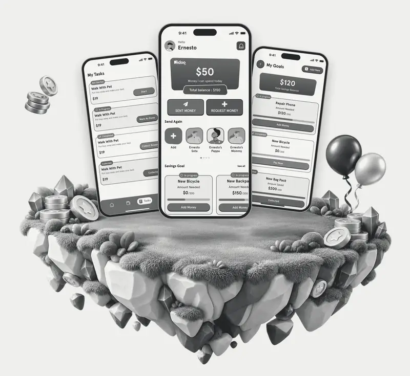 Three Kidoo app screens on a floating island: tasks, home and goals.
